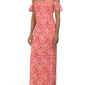 Off-Shoulder Floral Maxi Dress in Coral Pink